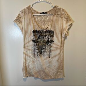 Crash & Burn lace back short‎ sleeve shirt women's size Large